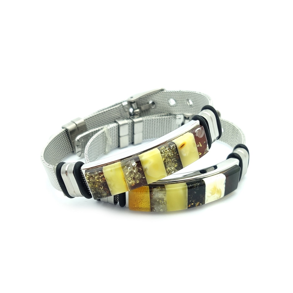 Браслет на метал. ремешке, янтарь